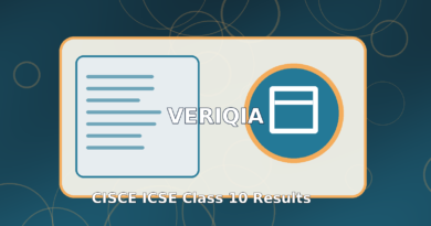 Original illustrated board examination examination result guide with school hallway and report folder, VERIQIA editorial graphic
