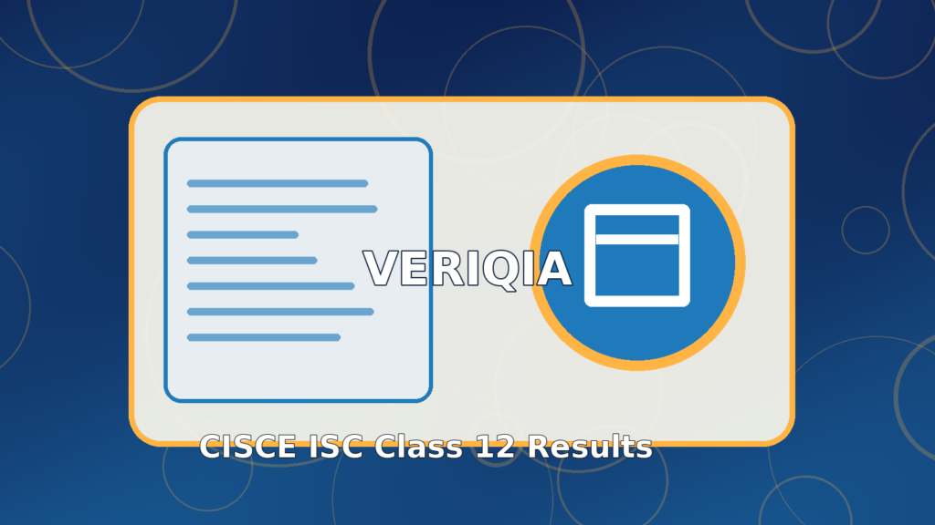 Original illustrated board examination examination result guide with school hallway and report folder, VERIQIA editorial graphic