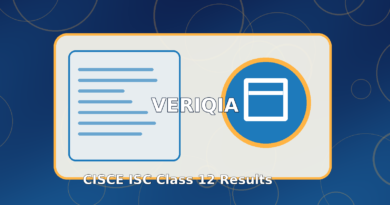 Original illustrated board examination examination result guide with school hallway and report folder, VERIQIA editorial graphic