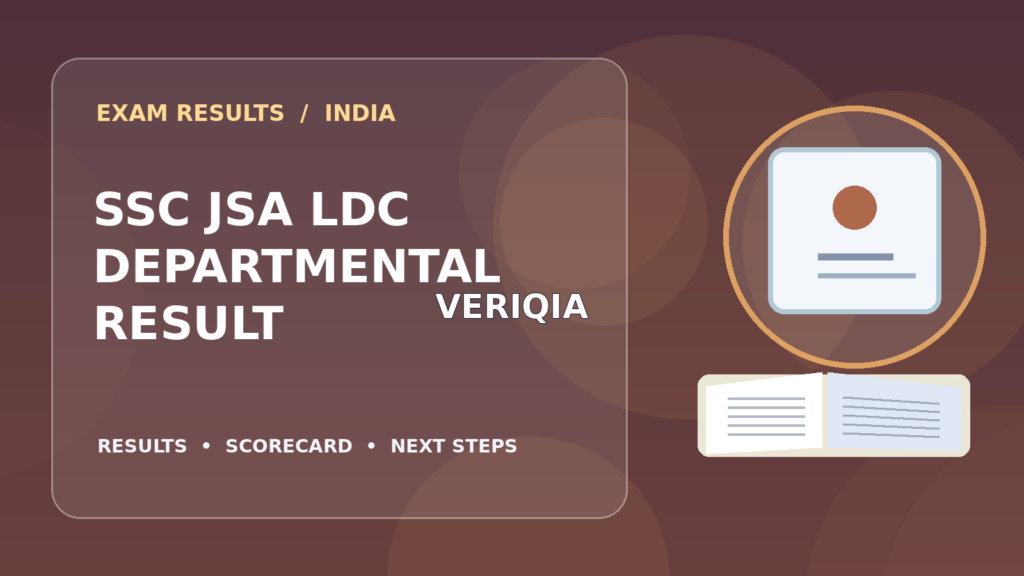 Editorial illustration of an Indian competitive exam candidate checking the SSC JSA/LDC result on a laptop, with stationery and learning materials