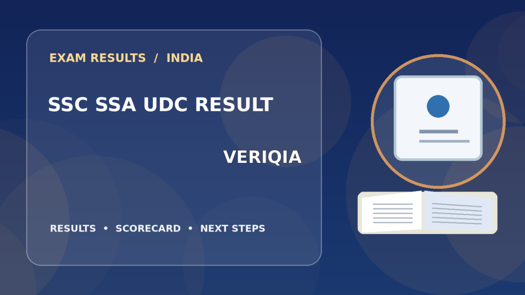 Editorial illustration of an Indian competitive exam candidate checking the SSC SSA/UDC result on a laptop, with stationery and learning materials