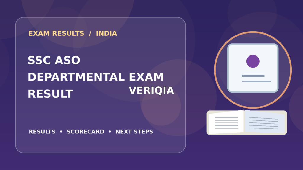 Editorial illustration of an Indian competitive exam candidate checking the SSC ASO result on a laptop, with stationery and learning materials