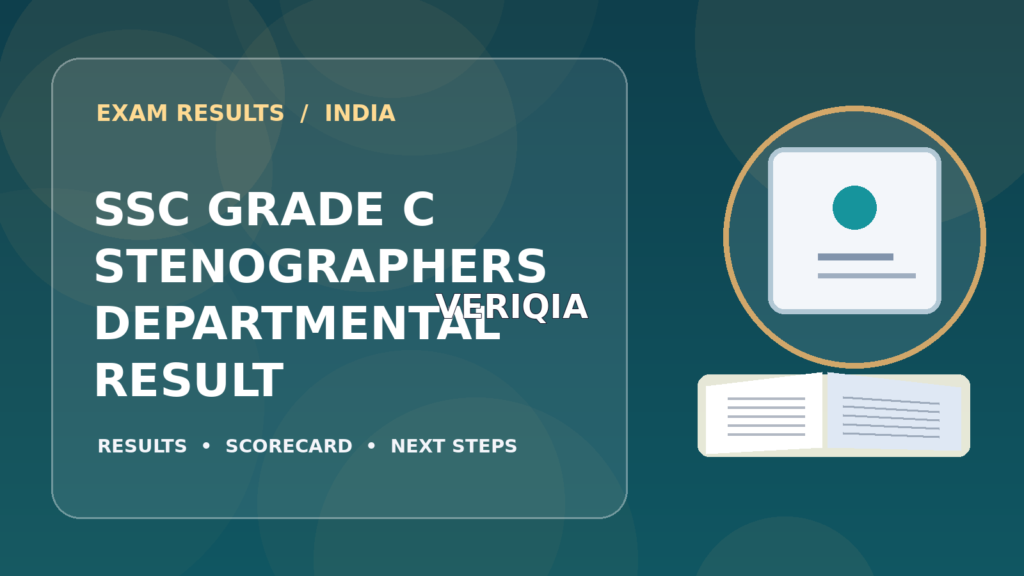 Editorial illustration of an Indian competitive exam candidate checking the SSC Grade C Steno result on a laptop, with stationery and learning materials