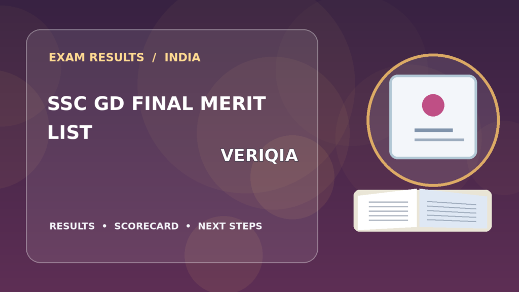 Editorial illustration of an Indian competitive exam candidate checking the SSC GD final merit result on a laptop, with stationery and learning materials