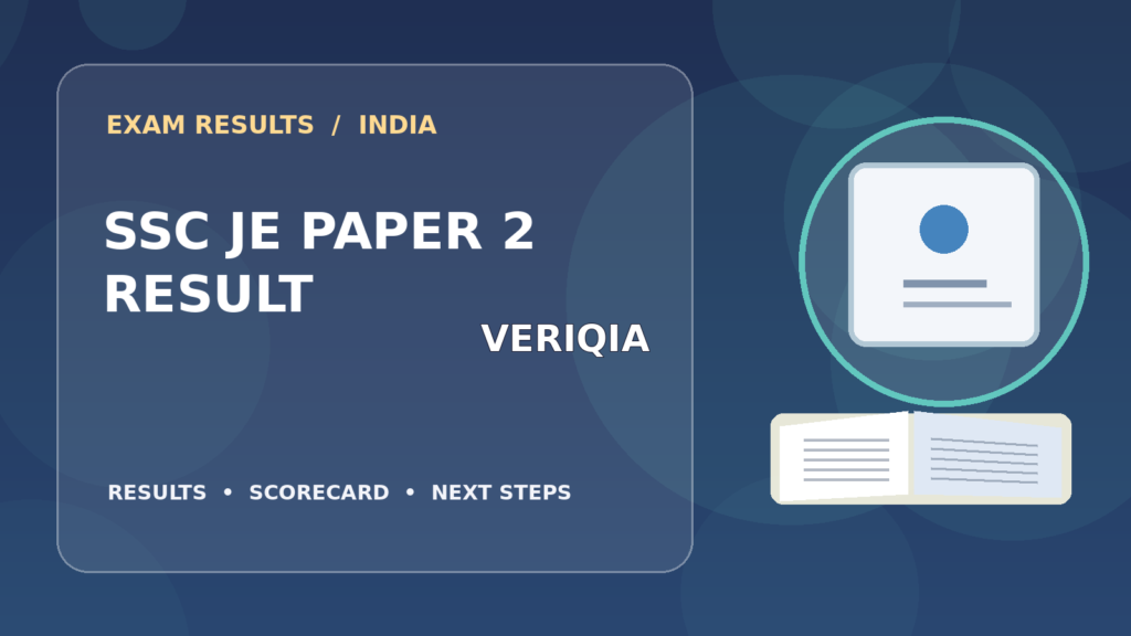Editorial illustration of an Indian competitive exam candidate checking the SSC JE Paper II result on a laptop, with stationery and learning materials