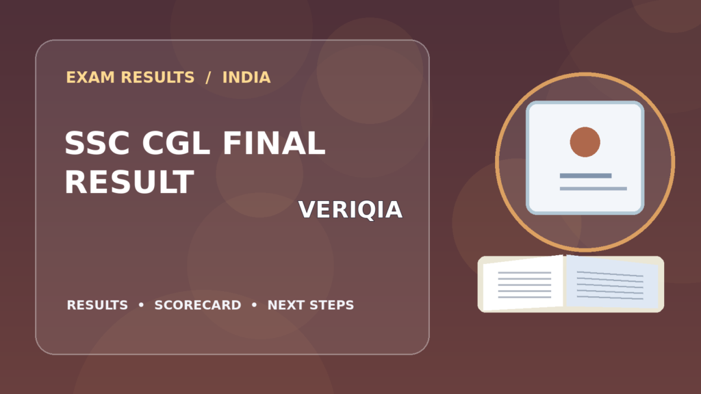 Editorial illustration of an Indian competitive exam candidate checking the SSC CGL final result on a laptop, with stationery and learning materials