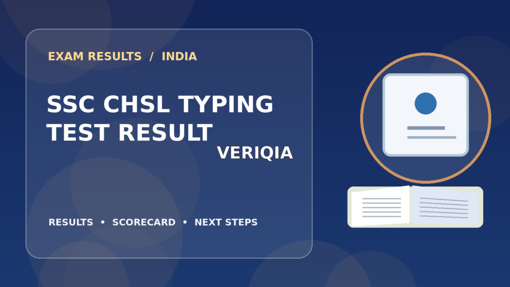 Editorial illustration of an Indian competitive exam candidate checking the SSC CHSL skill result on a laptop, with stationery and learning materials
