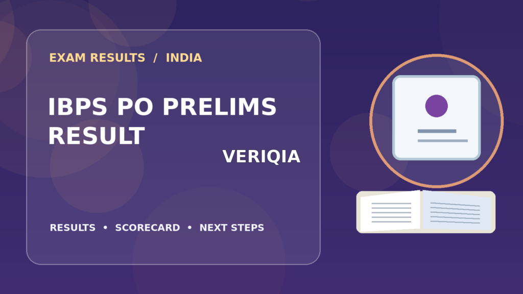 Editorial illustration of an Indian competitive exam candidate checking the IBPS PO Prelims result on a laptop, with stationery and learning materials