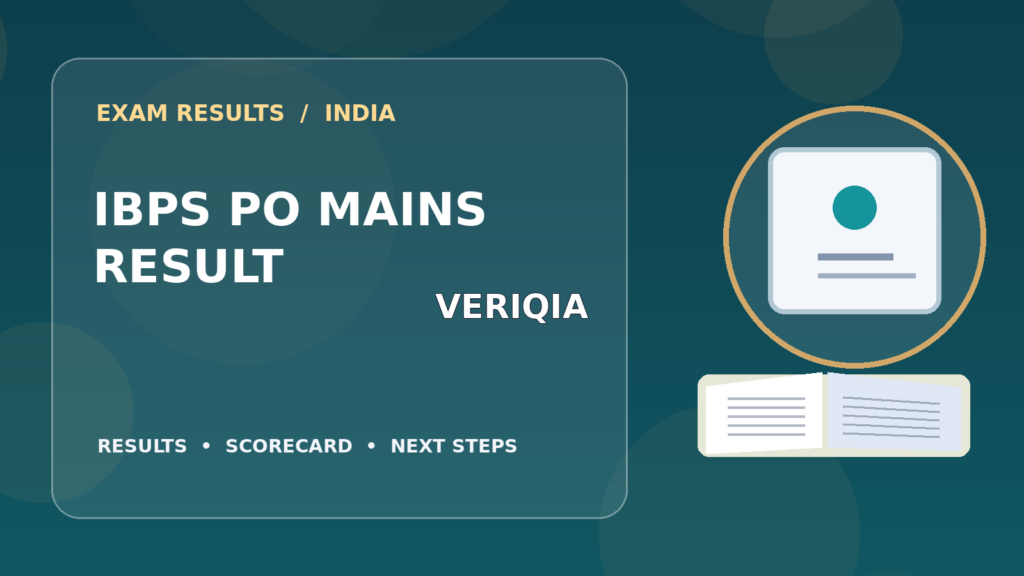 Editorial illustration of an Indian competitive exam candidate checking the IBPS PO Mains result on a laptop, with stationery and learning materials