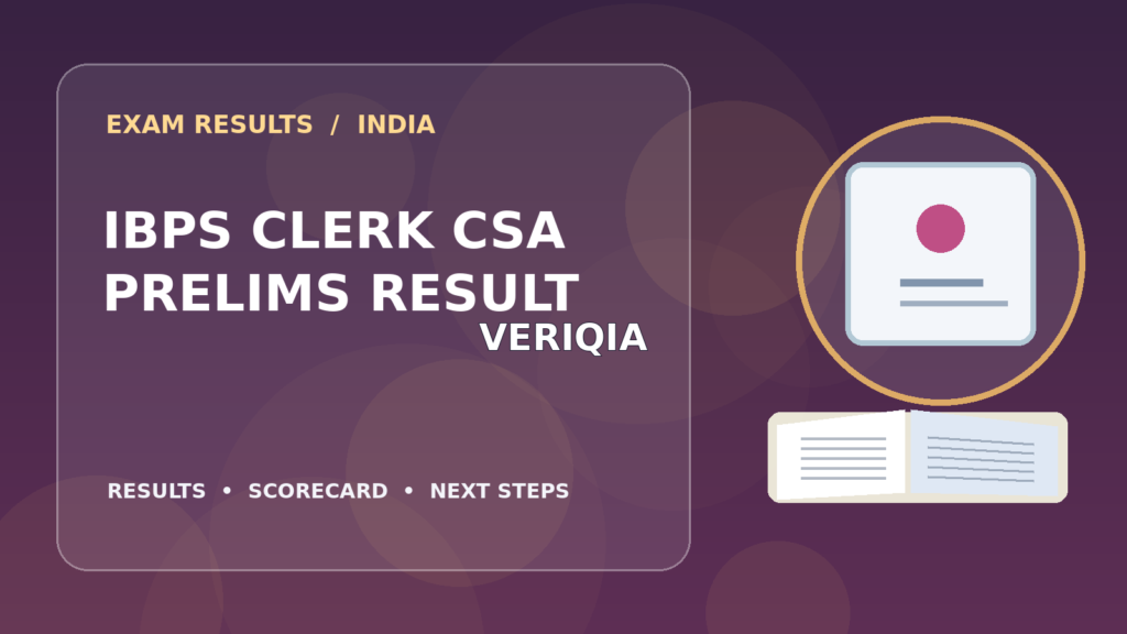 Editorial illustration of an Indian competitive exam candidate checking the IBPS CSA Prelims result on a laptop, with stationery and learning materials