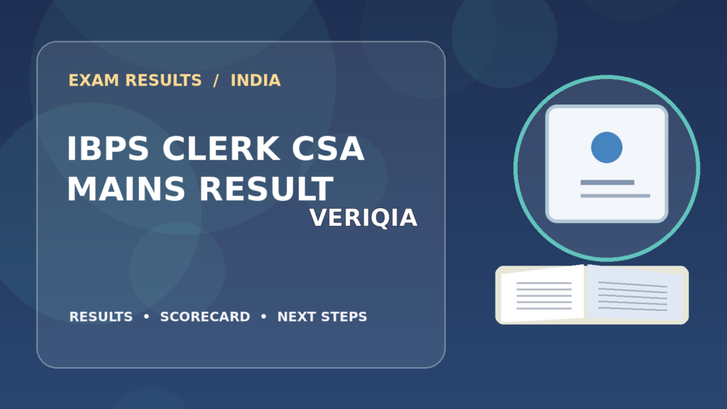 Editorial illustration of an Indian competitive exam candidate checking the IBPS CSA Mains result on a laptop, with stationery and learning materials