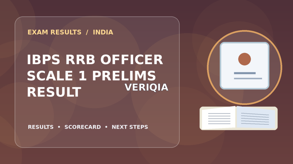 Editorial illustration of an Indian competitive exam candidate checking the IBPS RRB Officer I result on a laptop, with stationery and learning materials