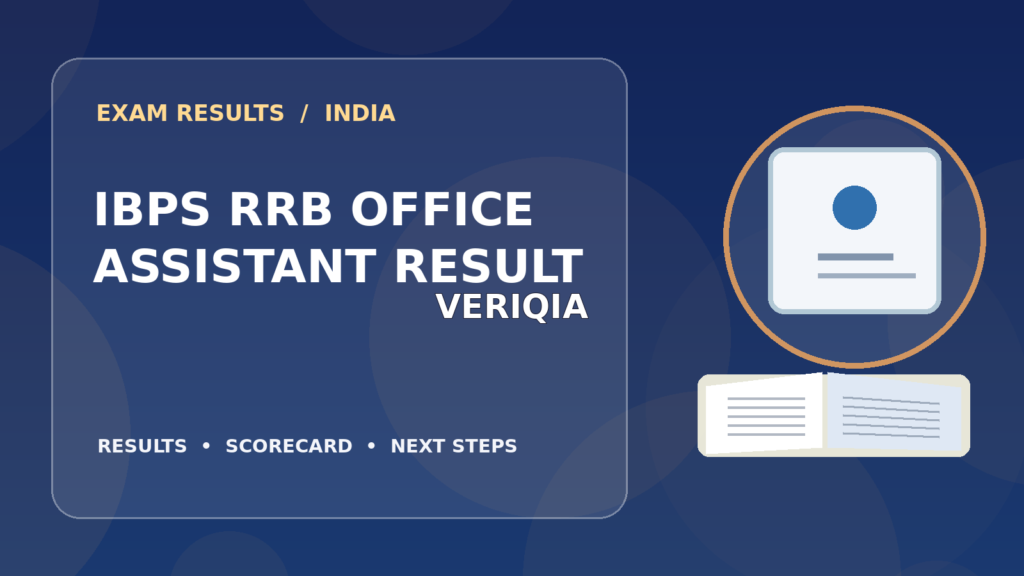 Editorial illustration of an Indian competitive exam candidate checking the IBPS RRB OA result on a laptop, with stationery and learning materials