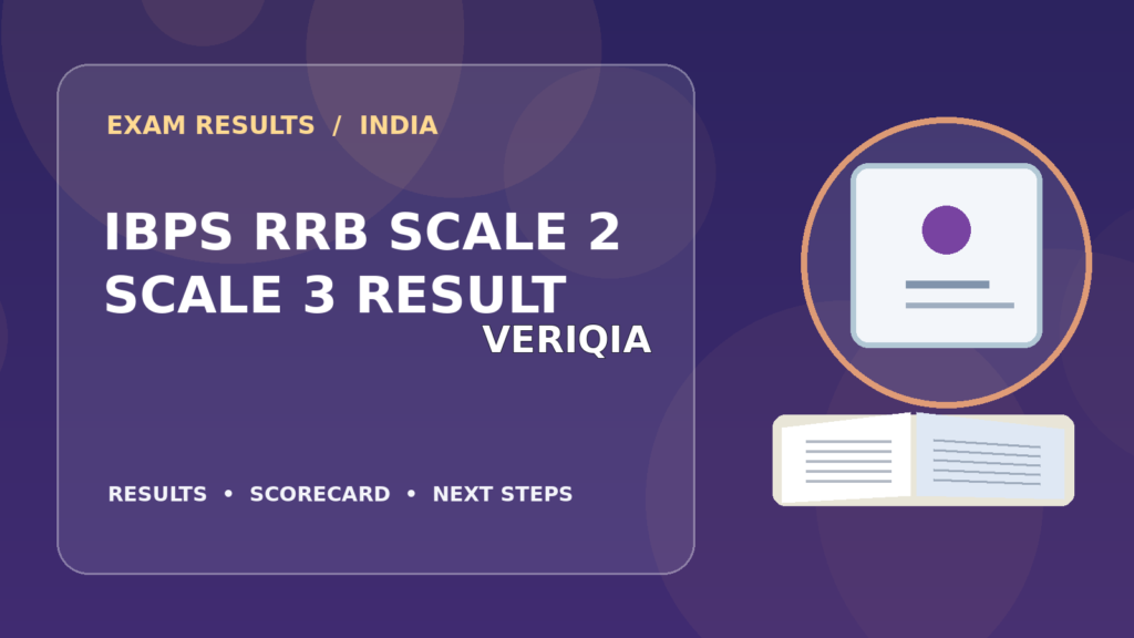 Editorial illustration of an Indian competitive exam candidate checking the IBPS RRB Scale II III result on a laptop, with stationery and learning materials