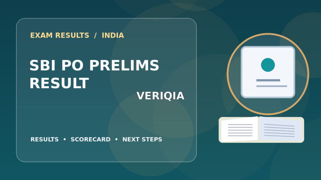 Editorial illustration of an Indian competitive exam candidate checking the SBI PO Prelims result on a laptop, with stationery and learning materials