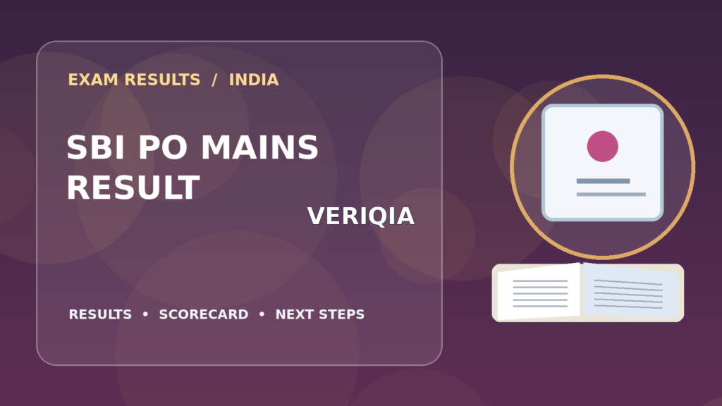 Editorial illustration of an Indian competitive exam candidate checking the SBI PO Mains result on a laptop, with stationery and learning materials