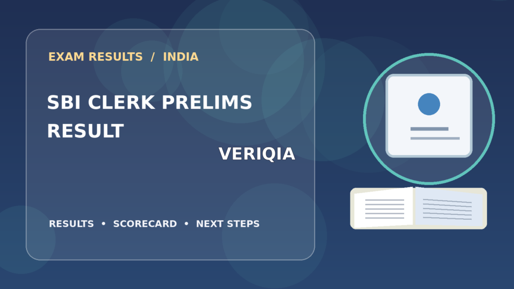 Editorial illustration of an Indian competitive exam candidate checking the SBI Clerk Prelims result on a laptop, with stationery and learning materials