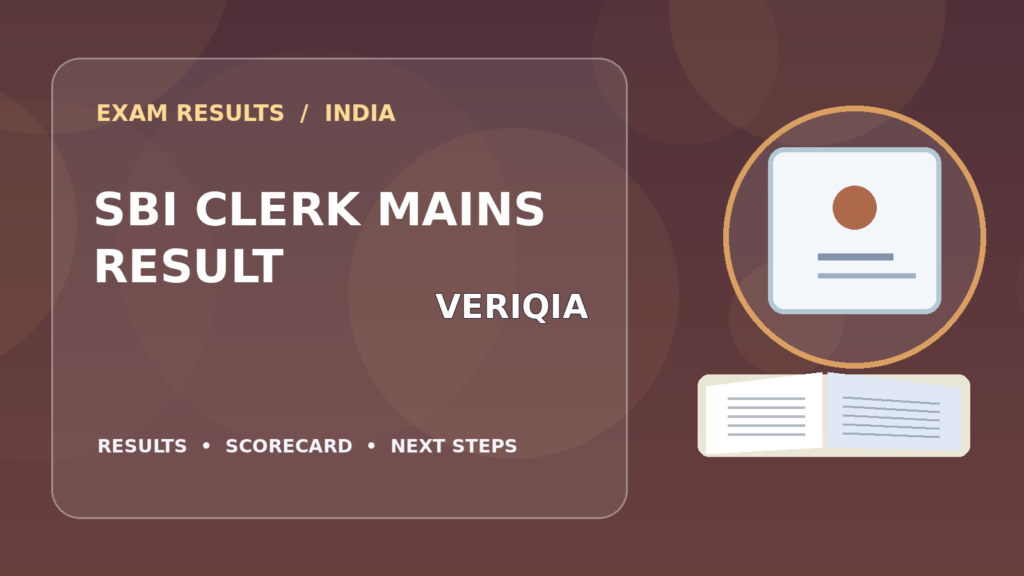 Editorial illustration of an Indian competitive exam candidate checking the SBI Clerk Mains result on a laptop, with stationery and learning materials