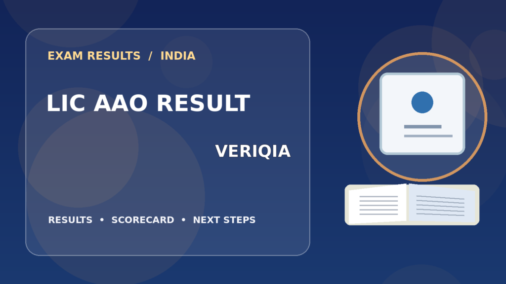 Editorial illustration of an Indian competitive exam candidate checking the LIC AAO result on a laptop, with stationery and learning materials