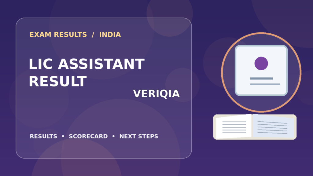 Editorial illustration of an Indian competitive exam candidate checking the LIC Assistant result on a laptop, with stationery and learning materials