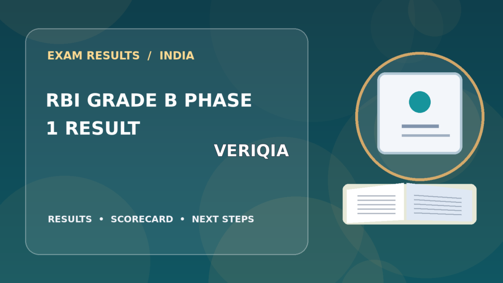 Editorial illustration of an Indian competitive exam candidate checking the RBI Grade B Phase I result on a laptop, with stationery and learning materials