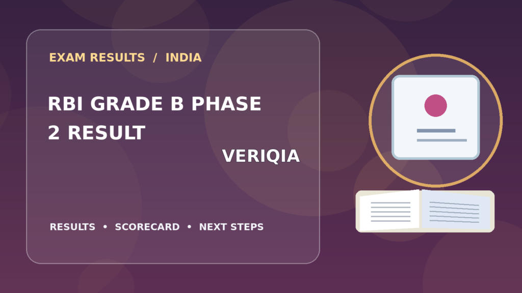 Editorial illustration of an Indian competitive exam candidate checking the RBI Grade B Phase II result on a laptop, with stationery and learning materials