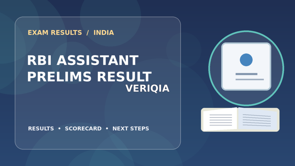 Editorial illustration of an Indian competitive exam candidate checking the RBI Assistant result on a laptop, with stationery and learning materials