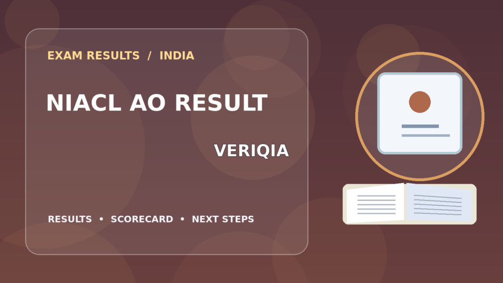 Editorial illustration of an Indian competitive exam candidate checking the NIACL AO result on a laptop, with stationery and learning materials