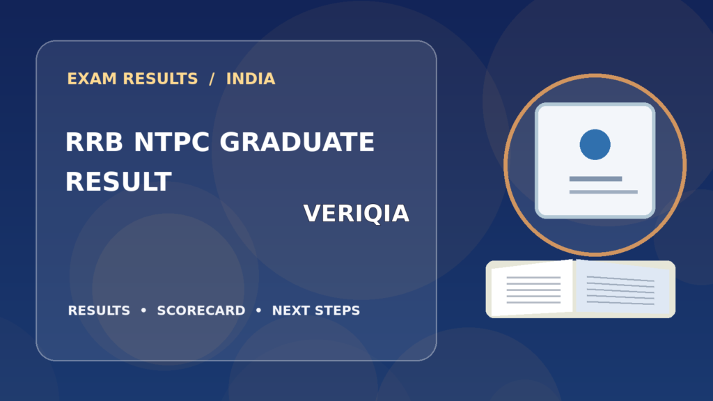 Editorial illustration of an Indian competitive exam candidate checking the RRB NTPC Graduate result on a laptop, with stationery and learning materials