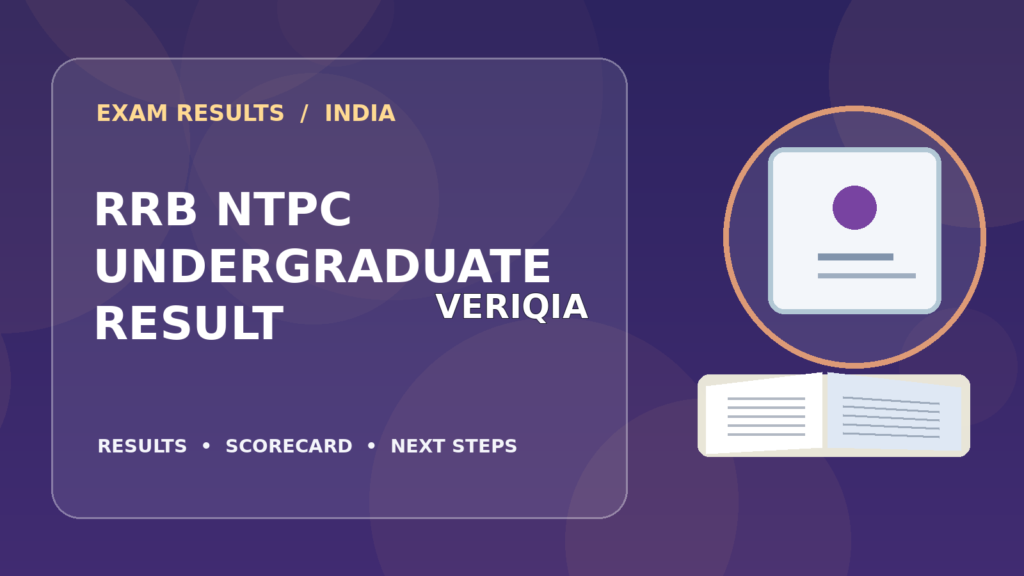 Editorial illustration of an Indian competitive exam candidate checking the RRB NTPC UG result on a laptop, with stationery and learning materials