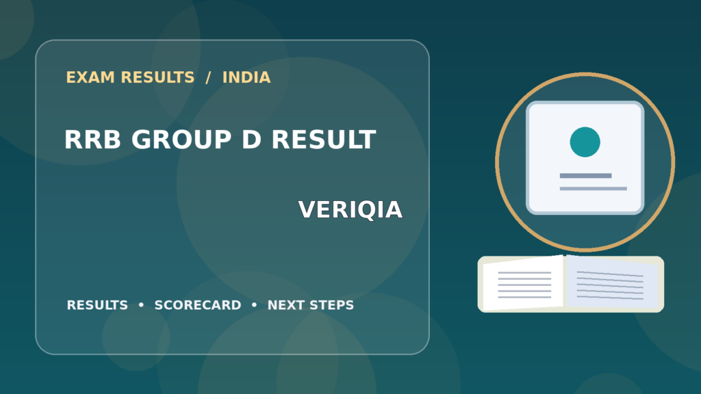 Editorial illustration of an Indian competitive exam candidate checking the RRB Group D result on a laptop, with stationery and learning materials