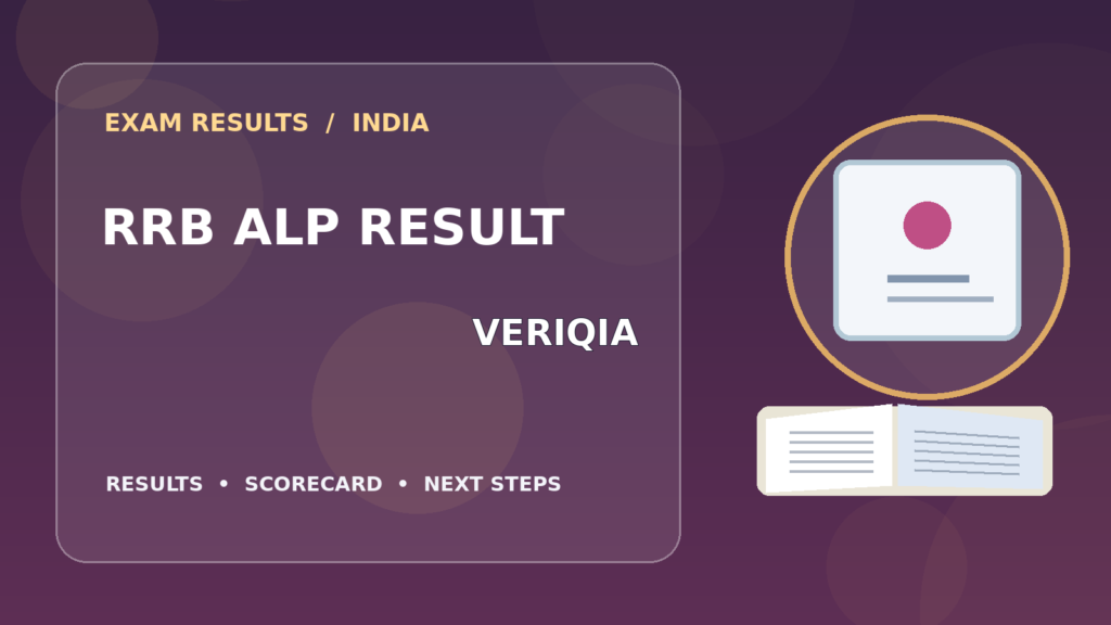 Editorial illustration of an Indian competitive exam candidate checking the RRB ALP result on a laptop, with stationery and learning materials
