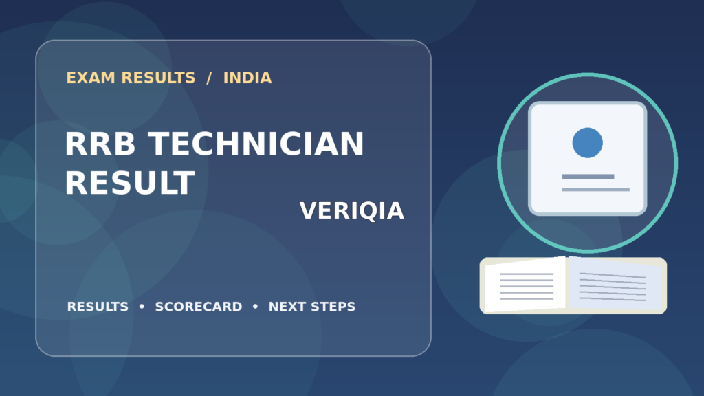 Editorial illustration of an Indian competitive exam candidate checking the RRB Technician result on a laptop, with stationery and learning materials