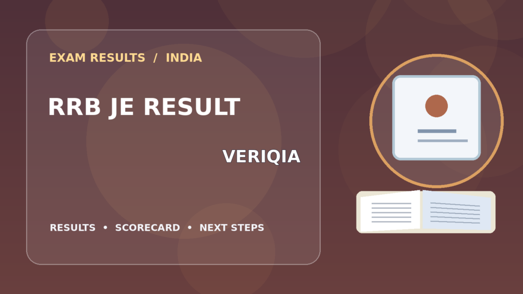 Editorial illustration of an Indian competitive exam candidate checking the RRB JE result on a laptop, with stationery and learning materials