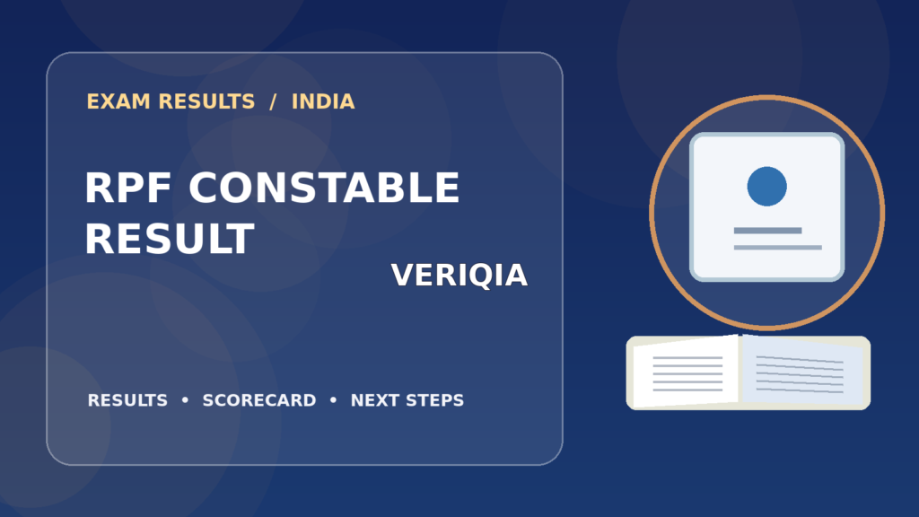 Editorial illustration of an Indian competitive exam candidate checking the RPF Constable result on a laptop, with stationery and learning materials