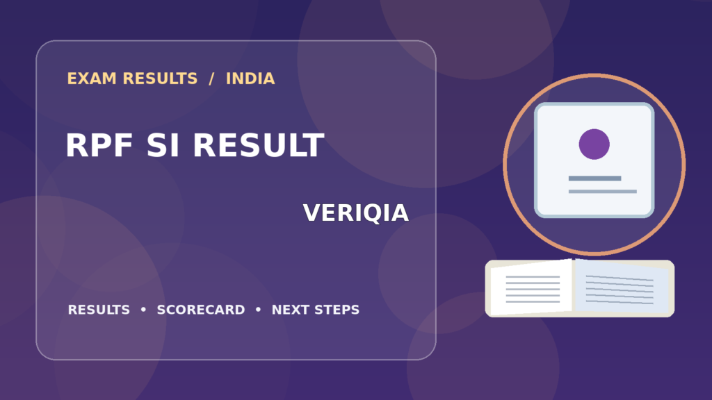 Editorial illustration of an Indian competitive exam candidate checking the RPF SI result on a laptop, with stationery and learning materials