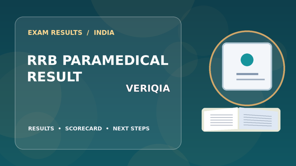 Editorial illustration of an Indian competitive exam candidate checking the RRB Paramedical result on a laptop, with stationery and learning materials