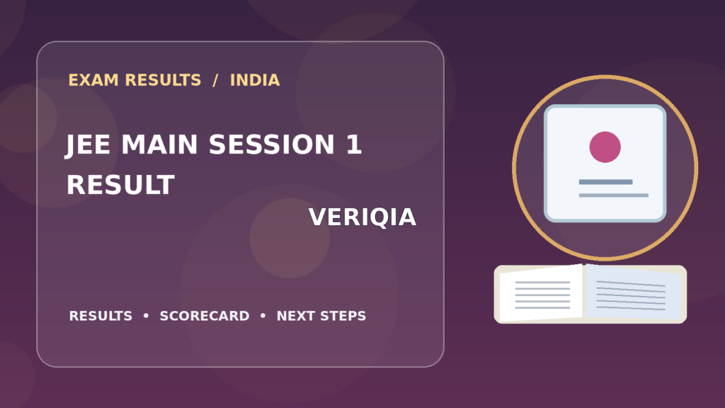 Editorial illustration of an Indian competitive exam candidate checking the JEE Main Session 1 result on a laptop, with stationery and learning materials