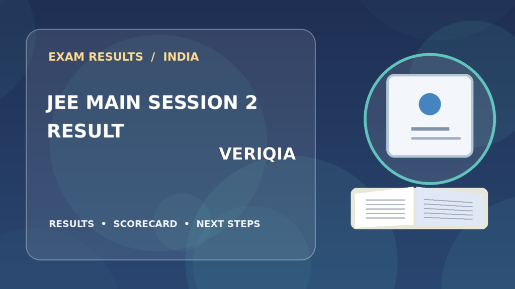 Editorial illustration of an Indian competitive exam candidate checking the JEE Main Session 2 result on a laptop, with stationery and learning materials