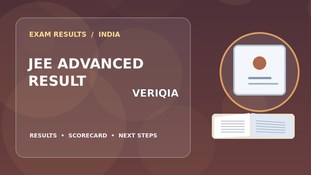 Editorial illustration of an Indian competitive exam candidate checking the JEE Advanced result on a laptop, with stationery and learning materials