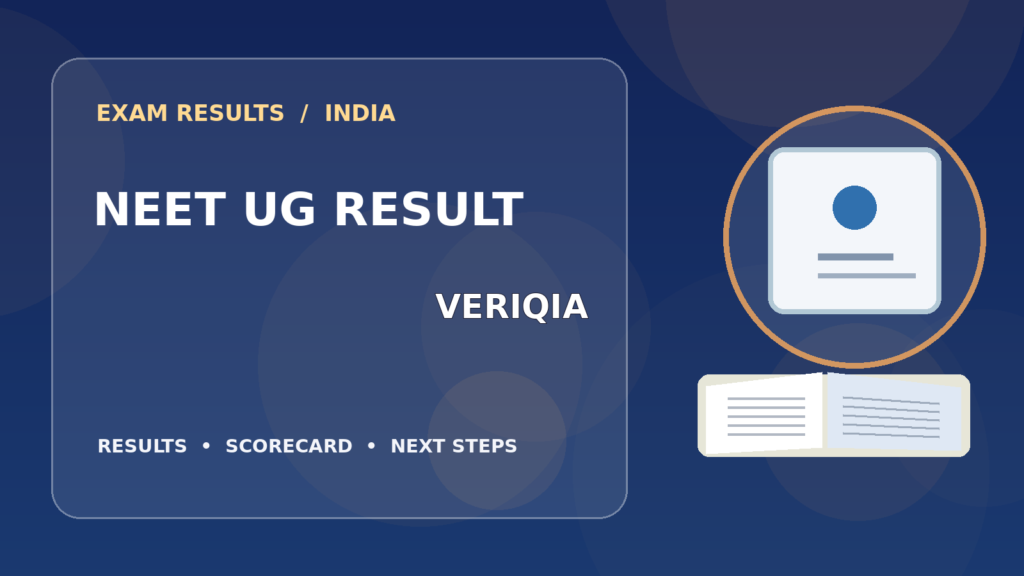 Editorial illustration of an Indian competitive exam candidate checking the NEET UG result on a laptop, with stationery and learning materials