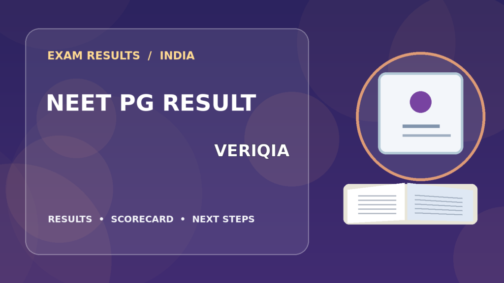 Editorial illustration of an Indian competitive exam candidate checking the NEET PG result on a laptop, with stationery and learning materials