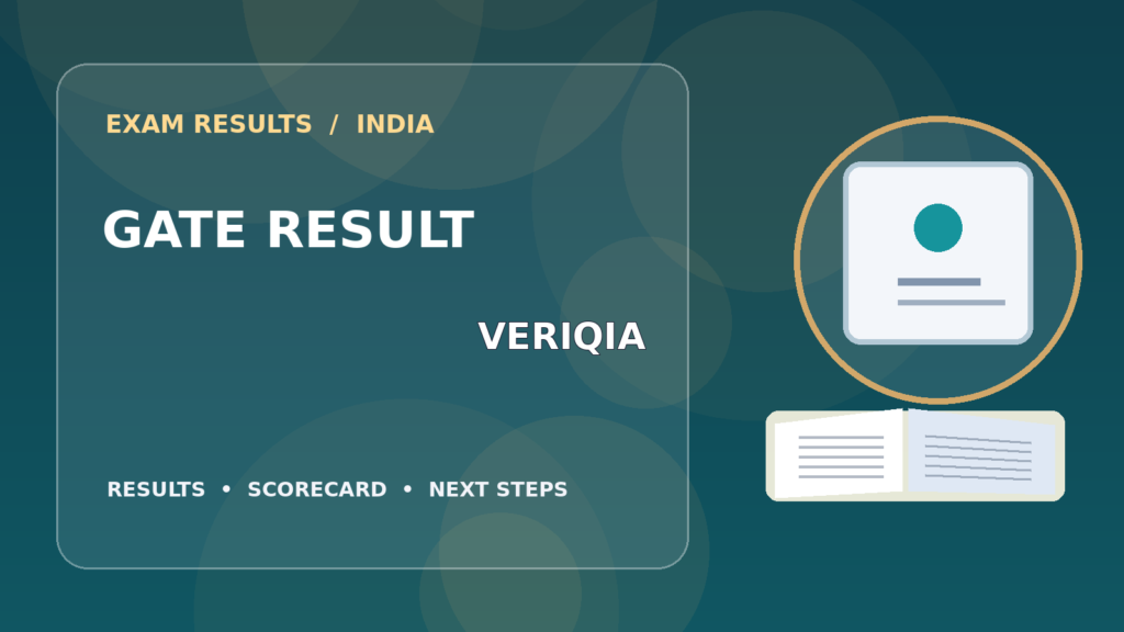 Editorial illustration of an Indian competitive exam candidate checking the GATE result on a laptop, with stationery and learning materials
