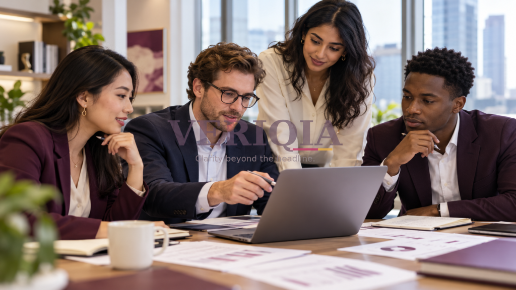 Finance professionals reviewing reports together, with a translucent VERIQIA watermark in the centre.