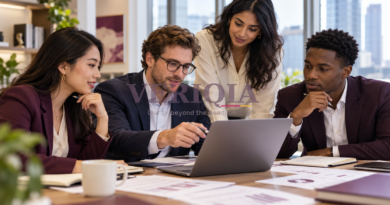 Finance professionals reviewing reports together, with a translucent VERIQIA watermark in the centre.