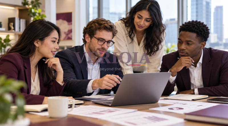 Finance professionals reviewing reports together, with a translucent VERIQIA watermark in the centre.
