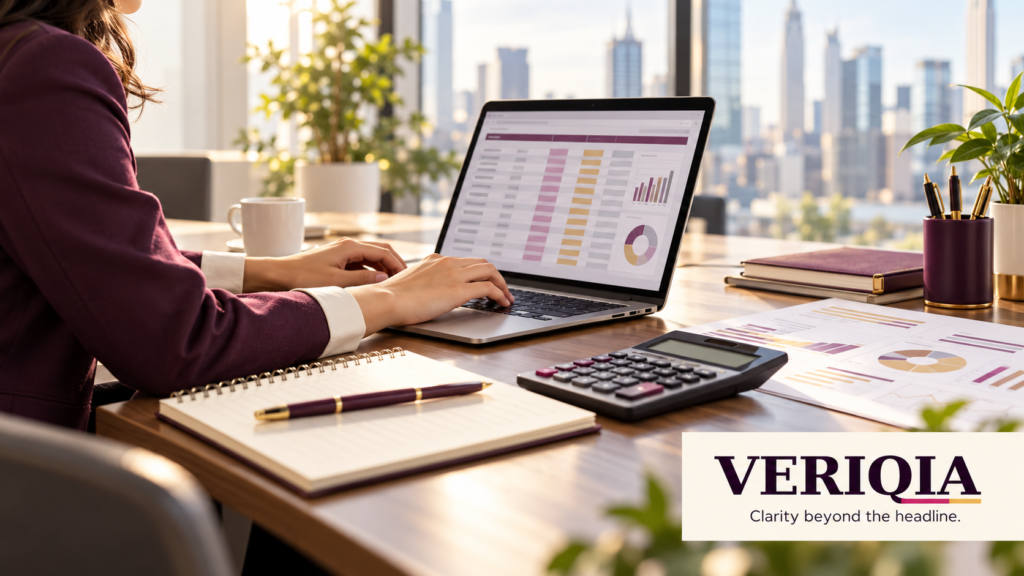 Professional analysing a spreadsheet at an office desk, with VERIQIA branding.