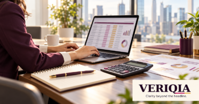 Professional analysing a spreadsheet at an office desk, with VERIQIA branding.