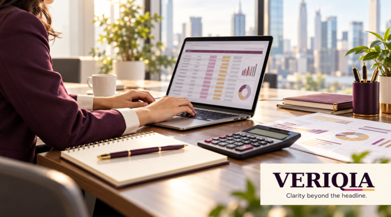 Professional analysing a spreadsheet at an office desk, with VERIQIA branding.