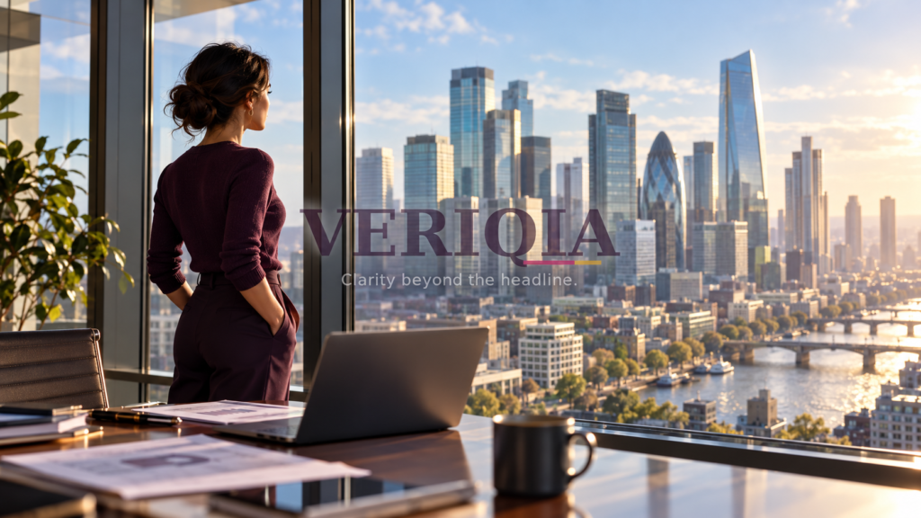 Professional looking across an illustrative financial district skyline, with a centred translucent VERIQIA watermark.